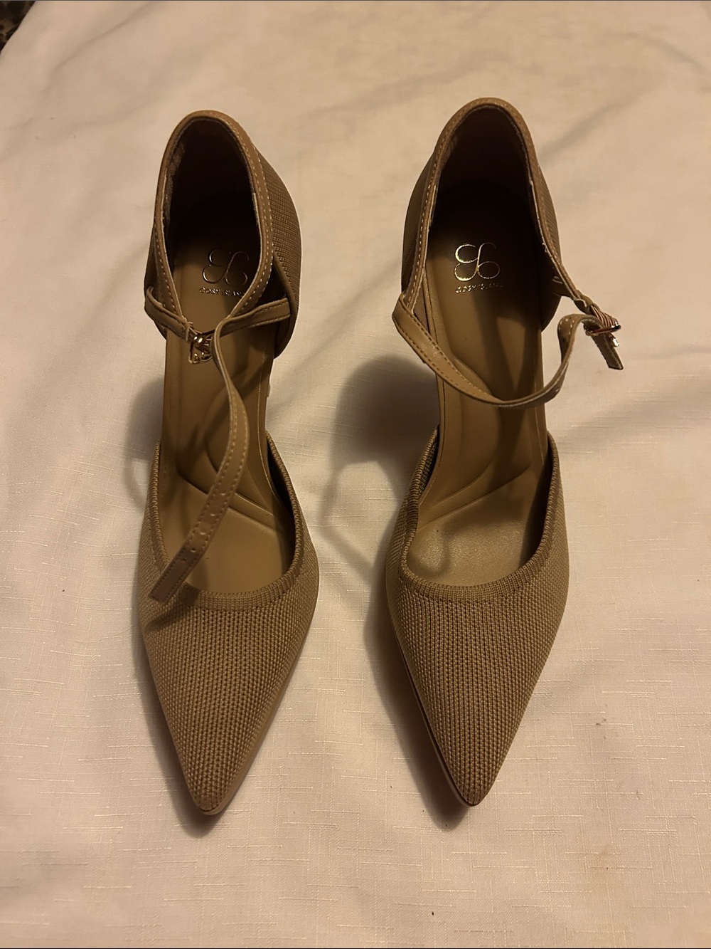 Pointed Toe Ankle-Strap Pumps in Taupe by